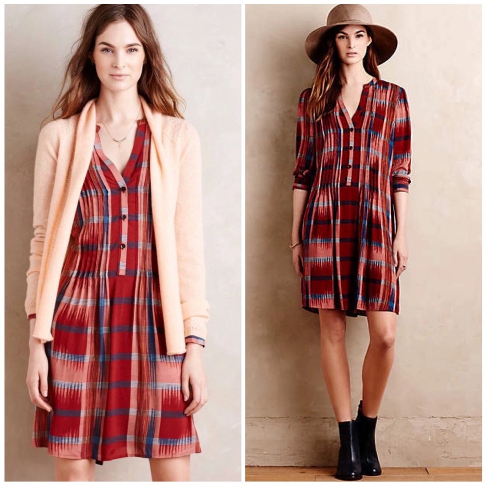 ANTHROPOLOGIE 11.1.Tylho Sao Paulo RED Plaid Pintuck Tunic Shirt Dress Small